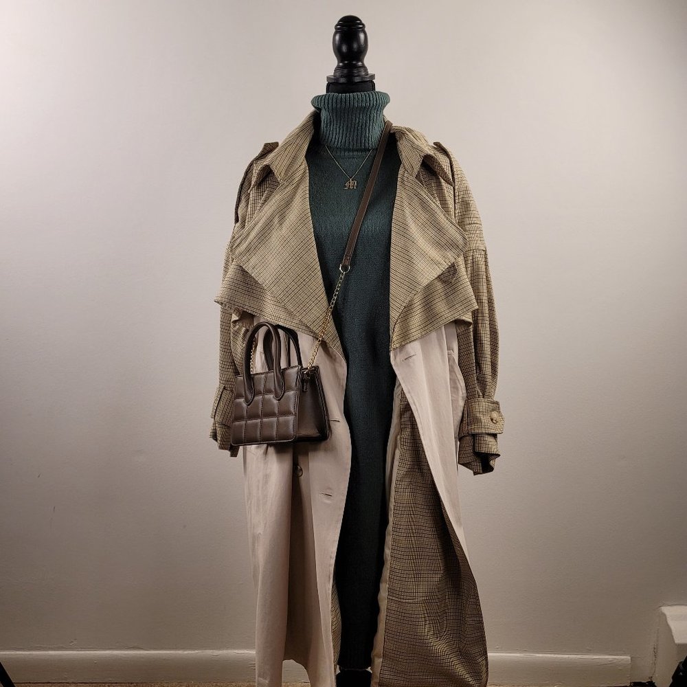 Nasty Gal Color Block Check Oversized Trench Coat Stone US 0 | Beige Trench Coat